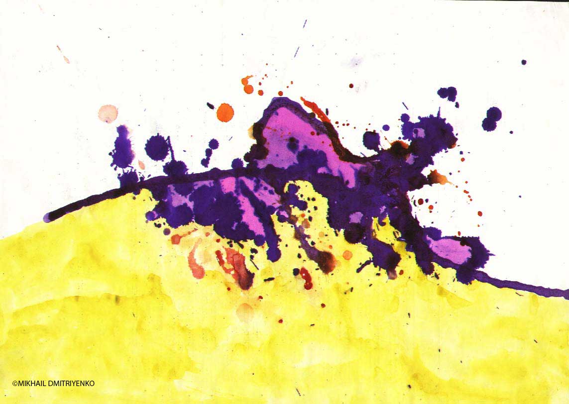 A drunk blue man crawls on the yellow ground and calls for God
